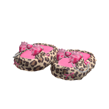 Gyaru Leopard Fuzzy Pink Pearly Bow Slippers 3.0 thumbnail
