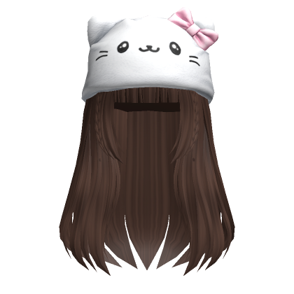 Roblox Item Straight Flowy Hair w/ Fluffy Cat Hat (Brown)
