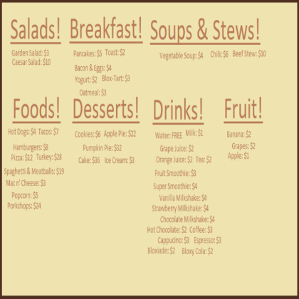 Bloxburg Food Menu! - Roblox