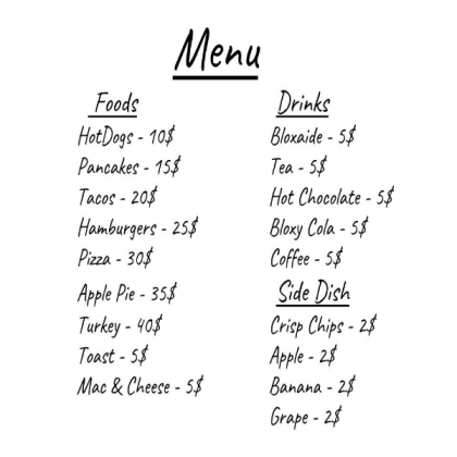Bloxburg Cafe Menu Roblox