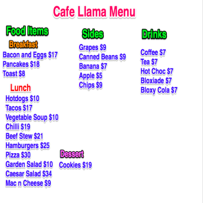 Llama Cafe Menu For Bloxburg Roblox