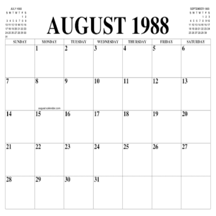 August 1988 Calendar Page